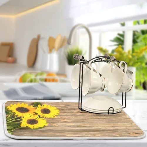 Miniatura 5 de Tapete de secado de platos, girasoles en madera, tapete de secado reversible absorbente de flores, tapete de secado de platos, tapete para secar