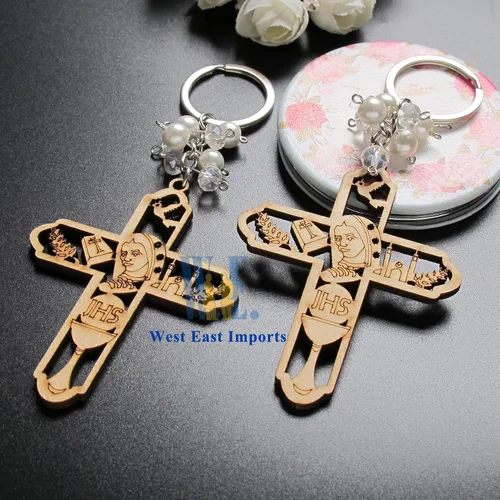 Miniatura 5 de 12 piezas de llavero de madera para la primera comunión para niños y niñas, Virgen María Recuerdos para Primera Comunión con bolsas de regalo, Marrón