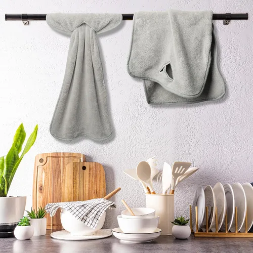 Miniatura 5 de R HORSE 8 piezas de toalla de mano colgante con lazo, gris absorbente de lana de coral para baño, paño de cocina suave y grueso decorativo de secado