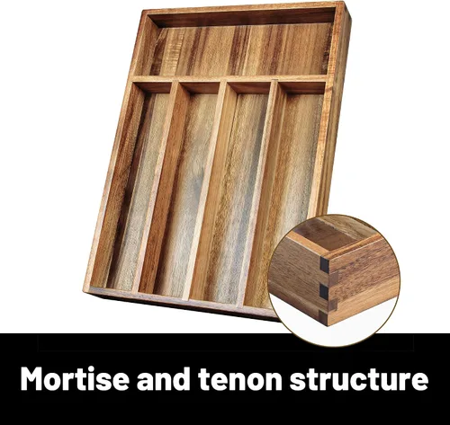 Miniatura 3 de KITEISCAT Organizador de cubiertos de madera de acacia, organizador de cajones de utensilios de cocina para tenedores, cuchillos y cucharas, bandeja