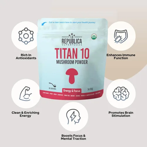 Miniatura 4 de La Republica Titan10 - Polvo orgánico de hongos de 3 onzas para concentración, inmunidad, energía, salud intestinal y piel (85 porciones)