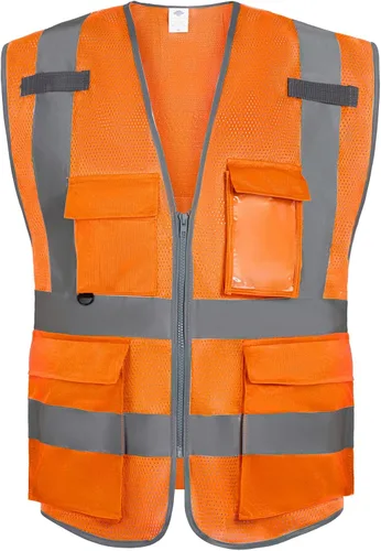 Dazonity Chaleco de seguridad de malla de alta visibilidad con múltiples bolsillos y cremallera, apto para hombres y mujeres, trabajo, construcción,