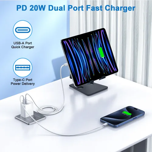 Miniatura 2 de Cargador rápido de 10 pies para iPhone 17/16e, paquete de 2 adaptadores de corriente USB C+A de 20 W de doble puerto, cable de carga rápida USB C a