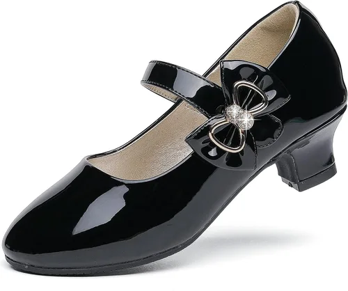 Dufannie Zapatos de vestir para niñas, zapatos de tacón bajo de princesa, zapatos planos con purpurina para bodas y fiestas