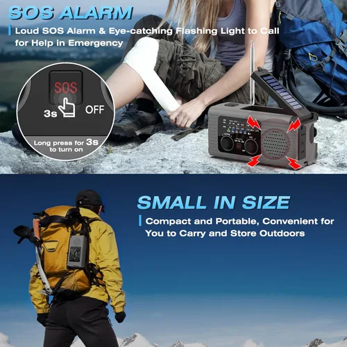 Miniatura 6 de Nitigo - Radio de emergencia de 4,000 mAh con manivela solar AM/FM/NOAA, portátil, con cargador de teléfono, linterna LED, lámpara de lectura