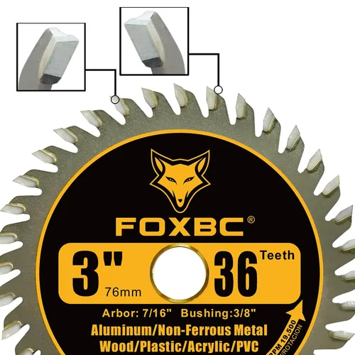 Miniatura 3 de FOXBC Hoja de sierra circular de carburo de 3 pulgadas, 36 dientes para madera, plástico, PVC, acrílico, aluminio con eje de 7/16", buje de 3/8