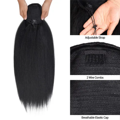 Miniatura 4 de GLAM21USA Extensión de cola de caballo recta de 28 pulgadas de largo con cordón para mujeres negras, extensión de cabello natural con clip, pieza
