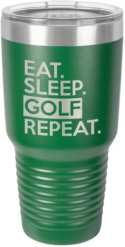 Miniatura 22 de Vaso con tapa superior deslizante y pajita de acero inoxidable para viaje con texto en inglés "EAT SLEEP GOLF REPEAT" de 76 ml en comparación