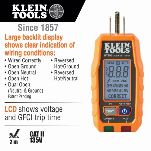 Miniatura 7 de Klein Tools CL320 - Abrazadera digital, HVAC AC de rango automático de 400 A y RT250 GFCI con pantalla LCD, probador de voltaje eléctrico