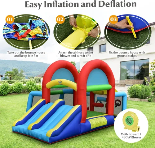 Miniatura 4 de HONEY JOY Casa inflable de rebote, casa hinchable 8 en 1 con área de salto, portería de fútbol, aro de baloncesto, juego de objetivo y lanzamiento