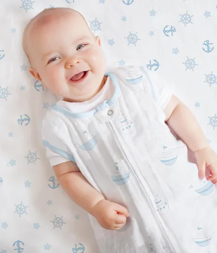 Miniatura 3 de SwaddleDesigns Sábana bajera ajustable de muselina de algodón más suave para bebé niño y niña, azul pastel Ahoy!
