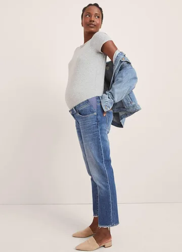 Miniatura 4 de HATCH Jeans de maternidad estilo boyfriend, jeans de embarazo de pierna recta con puños desgastados, cintura expandible debajo del vientre