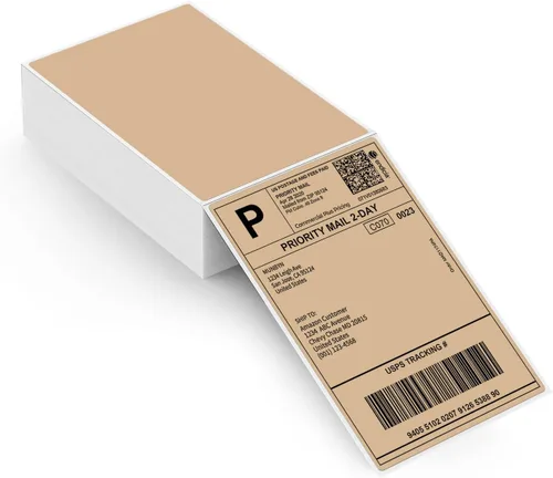 MUNBYN Etiquetas de Envío Térmico Directo Marrones de 4"x6", Adhesivo Permanente de Grado Comercial Fanfold Papel de Etiquetas de Correo Postal para