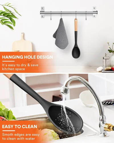 Miniatura 6 de Cucharas de cocina grandes de silicona, cuchara antiadherente con mango de madera maciza, cucharas de cocina de silicona resistentes al calor