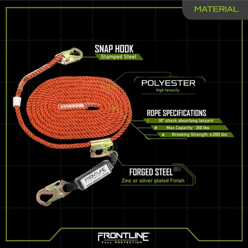 Miniatura 4 de Frontline VLP25R3L Premium - Línea de vida vertical con agarre de cuerda que se abre de 25 pies y paquete de choque, cuerda de alta resistencia