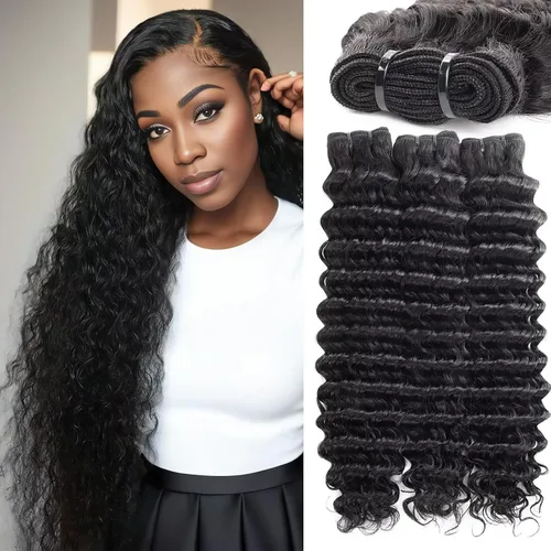 Miniatura 24 de Manojos de cabello humano ondulado profundo de 12, 14, 16 pulgadas, paquetes de ondas de agua, 100% sin procesar, 10A, cabello humano virgen