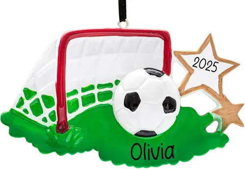 Adorno Navideño Personalizado de Fútbol 2025 | Pelota de Fútbol con Estrellas Doradas, Césped y Red de Portería para Árbol de Navidad - Regalo
