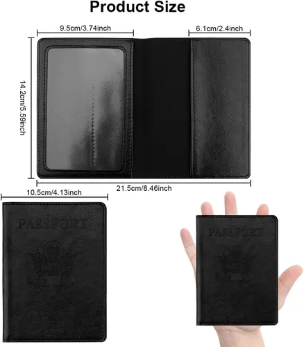 Miniatura 2 de Funda de cuero para pasaporte - Cartera de pasaporte de viaje para mujeres y hombres, artículos esenciales para el aeropuerto con protector, Negro