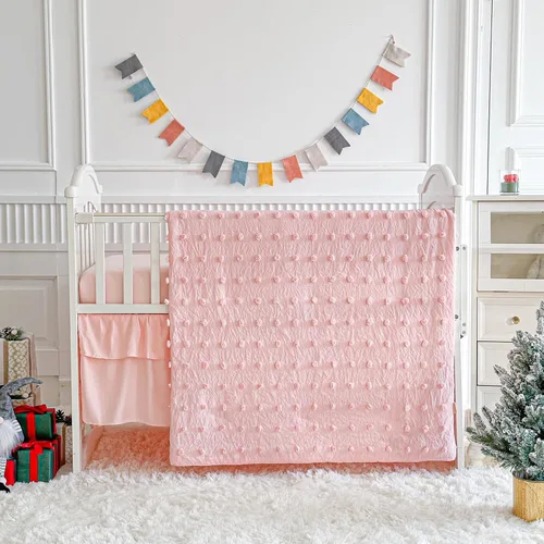 Juego de ropa de cama rosa para cuna, edredón jacquard con lunares copetudos, sábana bajera y falda de cama, bonito bordado, bohemio, shabby chic,