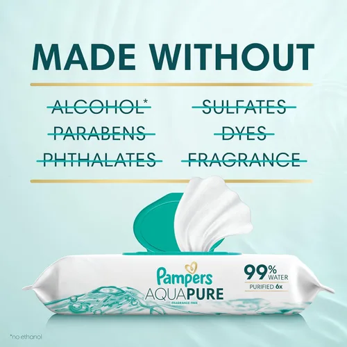 Miniatura 4 de Pampers Aqua Pure Toallitas para bebé, 99% agua, sin fragancia, 896 toallitas para bebé en total (16 paquetes con tapa abatible)