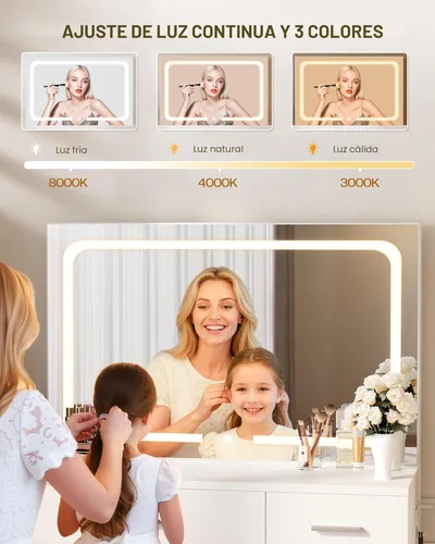 Miniatura 7 de LIVELYGLOW Escritorio de maquillaje con estación de carga y espejo LED, juego de tocador de 35.4 pulgadas con 4 cajones, 3 modos de iluminación
