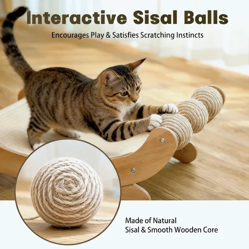 Miniatura 5 de Sisal - Cama rascador para gatos con 3 bolas de juguete para gatos de interior, hamaca 3 en 1 de madera duradera y almohadilla para rascar - muebles