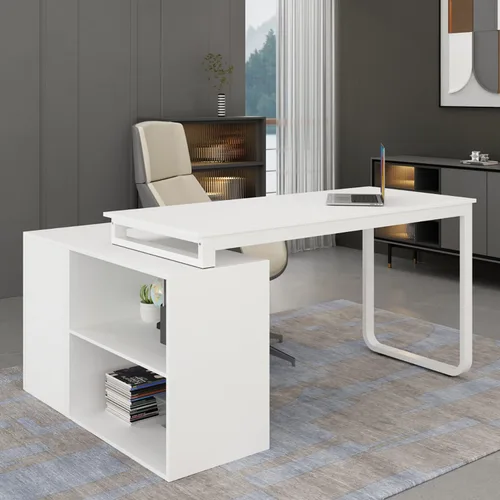 Miniatura 10 de Escritorio de oficina reversible con 3 cajones y 2 estantes, escritorio para computadora en forma de L y mesa de estudio con almacenamiento oculto