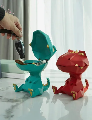 Miniatura 9 de HAUCOZE Estatua de dinosaurio plato para caramelos, cuenco para llaves, regalos de dinosaurio, escultura moderna, accesorios de decoración del Verde