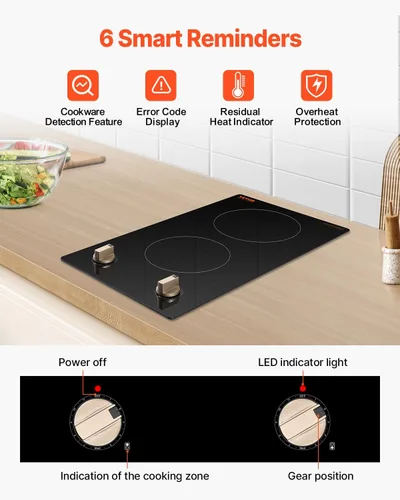 Miniatura 5 de VEVOR Placa de inducción, quemador eléctrico de encimera de 1800 W, estufa de control de perilla de 2 quemadores, estufa de inducción integrada