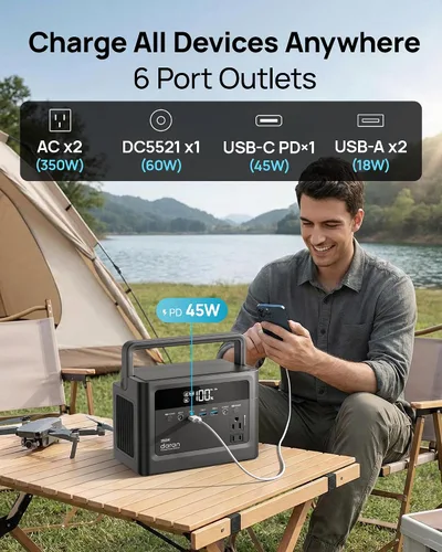 Miniatura 3 de Estación de energía portátil de 350 W, 230.4 Wh, batería LiFePO4 de 110 V, salida de CA de onda sinusoidal pura con carga rápida PD, generador solar