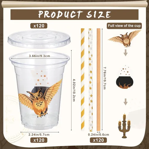 Miniatura 2 de Roowest Juego de 120 vasos desechables de plástico de 12 onzas con tapas y pajitas para niños y niñas, mago para Halloween, cumpleaños, bebidas