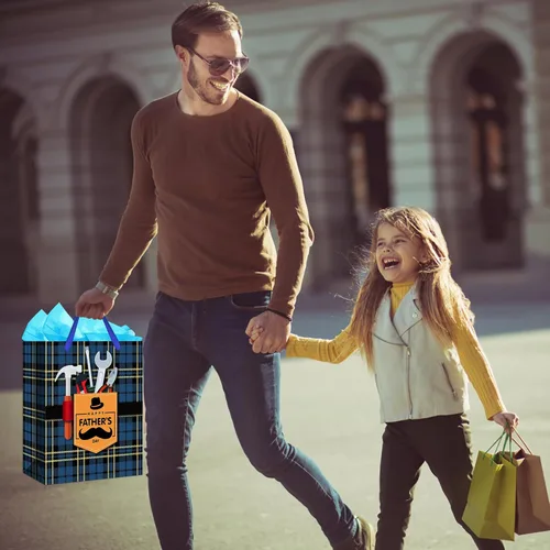 Miniatura 2 de WaaHome Bolsa de regalo para el día del padre para papá, con papel de seda y asa, 13 x 10.5 x 5.8 pulgadas, bolsa de regalo grande azul para el día
