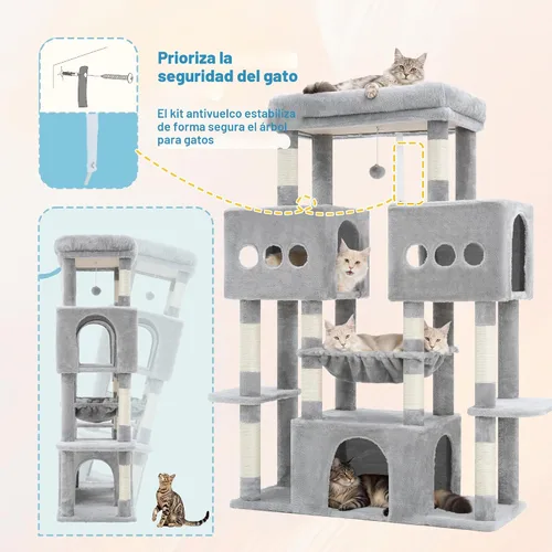 Miniatura 7 de Hey-brother Torre de árbol para gatos, postes rascadores de sisal grande con plataforma grande, 3 amplios condominios, hamaca de felpa, juguete