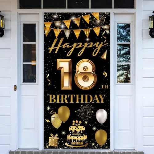 Cartel de puerta de fiesta de cumpleaños número 18, decoración de feliz cumpleaños 18 para niñas y niños, telón de fondo negro dorado para fotos,