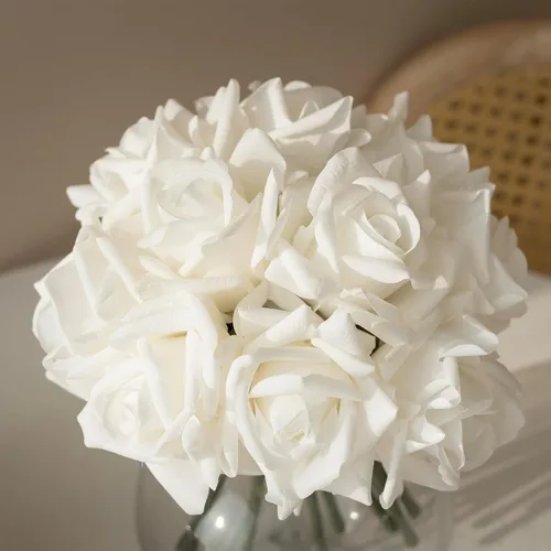 Miniatura 11 de DUYONE Rosas artificiales de un solo tallo 10 piezas de arreglo floral de seda falsa para decoración del hogar, fiesta, boda (rosa claro)