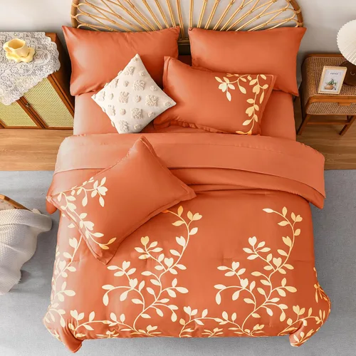 Miniatura 3 de Juego de edredón tamaño Queen de 7 piezas - Juego de edredón con estampado floral botánico en naranja, juego de edredón Queen con sábanas, ropa