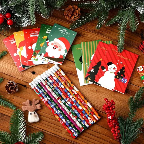Miniatura 6 de Yexiya 72 piezas de set de papelería de Navidad para niños, mini cuadernos de Navidad y lápices a granel, pequeños blocs de notas de bolsillo