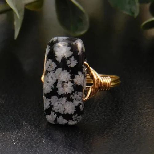 Miniatura 3 de Black Snowflake Obsidian Rectangle Gemstone Bead in Sterling Silver or 14kt Yellow or Rose Gold Filled Wire Band- Handmade Wire Wrapped Ring- Made