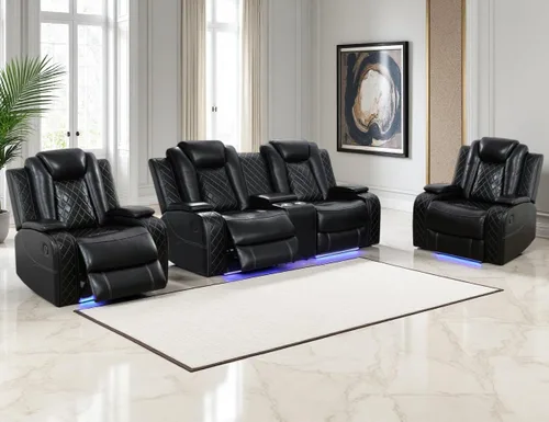 Miniatura 18 de Juego de Sofá Reclinable Eléctrico, Juego de Sofá y Sillón Reclinable de Cuero Negro, Juegos de Muebles de Sala de Estar, Sofá de Dos Plazas