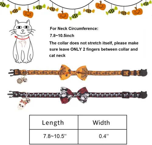 Miniatura 7 de ADOGGYGO Collares de gato de Halloween con campana de lazo, collar de moño para gatito, tela de araña, calavera, collares de Halloween para niñas