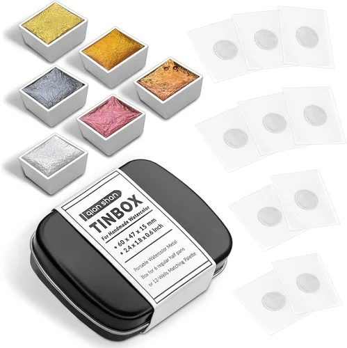 Miniatura 9 de Mini Juego de Caja de Lata de Viaje de Pintura de Acuarela de Artista Portátil Hecha a Mano con 6 Medias Bandejas Sólidas con Purpurina Nacarada