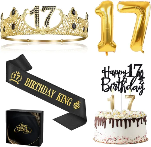 Regalos de cumpleaños número 17 para niño, decoraciones de cumpleaños número 17 para niños, suministros de decoración de fiesta, incluyendo corona
