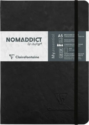 Clairefontaine 793431C Age Bag Collection A My.Essential Cuaderno elástico cosido negro – A5 5.8 x 8.3 in – 192 páginas numeradas DOT – Papel marfil