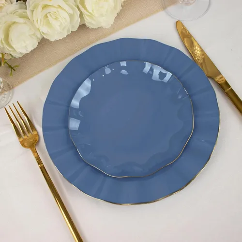 Miniatura 197 de Tableclothsfactory Paquete de 10 platos redondos de plástico negro de 6 pulgadas para ensalada de postre, platos desechables con borde ondulado
