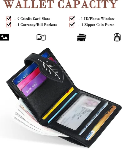 Miniatura 2 de CONISY Cartera pequeña para mujer, con bloqueo RFID, de piel, delgada, plegable, bolsillo frontal, cartera para mujer con cremallera, Negro