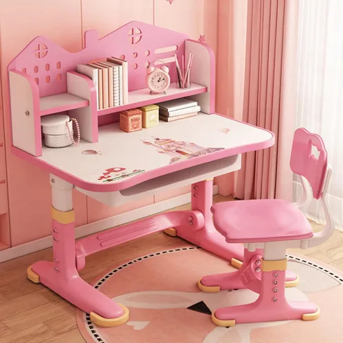 Juego de escritorio y silla para niños, escritorio infantil de altura ajustable con cajones de almacenamiento y estantería, mesa ergonómica para Rosa
