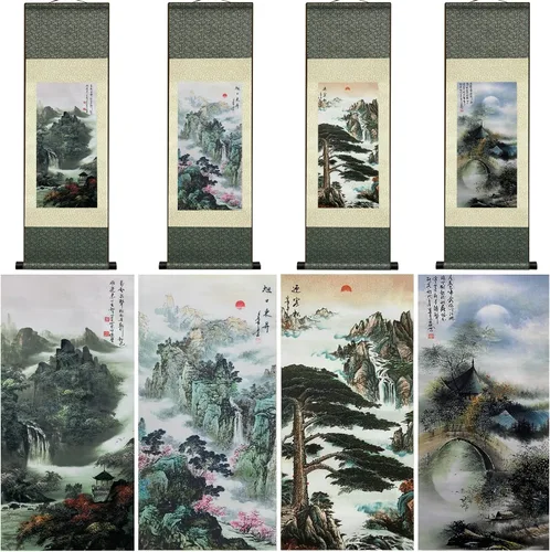 Miniatura 35 de AtfArt Decoración asiática de pared, hermosa pintura de pergamino de seda, 4 flores de hombre justo, orquídea ciruela, bambú, crisantemo, decoración