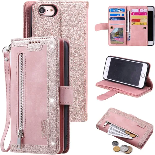 Miniatura 21 de UEEBAI Funda tipo cartera para iPhone SE 2022 5G/iPhone 7/iPhone 8/iPhone SE 2020, retro con 9 ranuras para tarjetas, bolsillo con cremallera, funda
