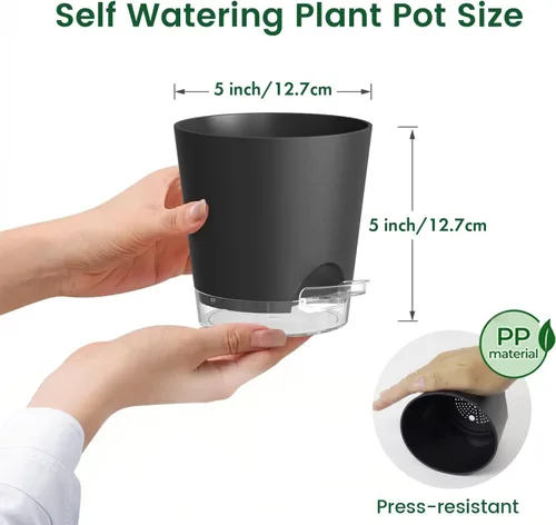 Miniatura 2 de Meowell Macetas de riego automático de 5 pulgadas para plantas de interior, paquete de 5 macetas pequeñas con agujeros de drenaje y depósito