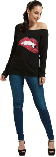 Miniatura 3 de MAGICMK - Sudaderas con hombro descubierto para mujer, manga larga, estampado de labios, casuales